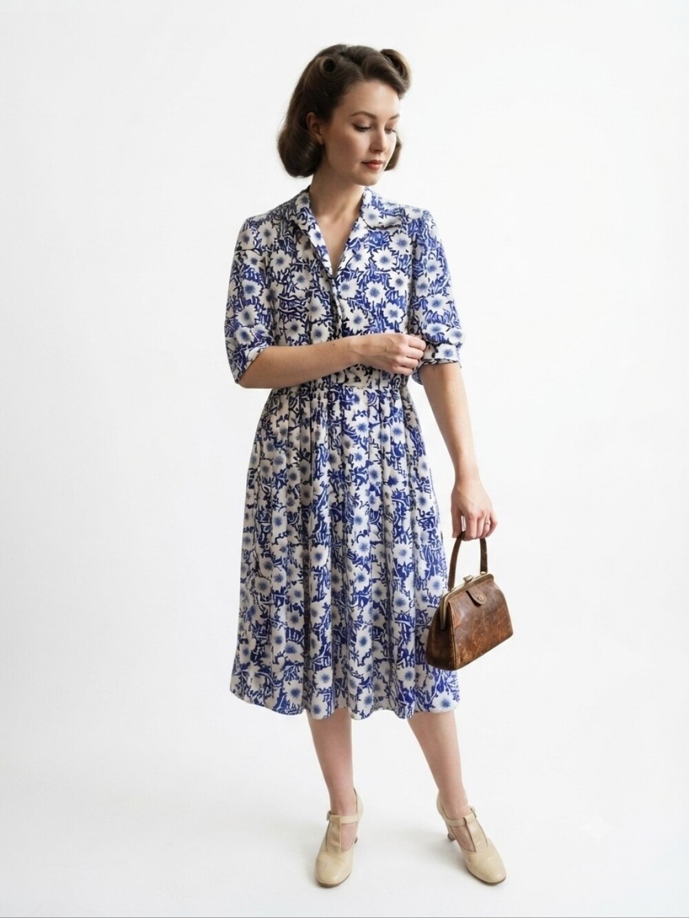 Sweet Miranda Vintage Secretary Floral Pleated Midi Dress Size 10 Cobalt & White